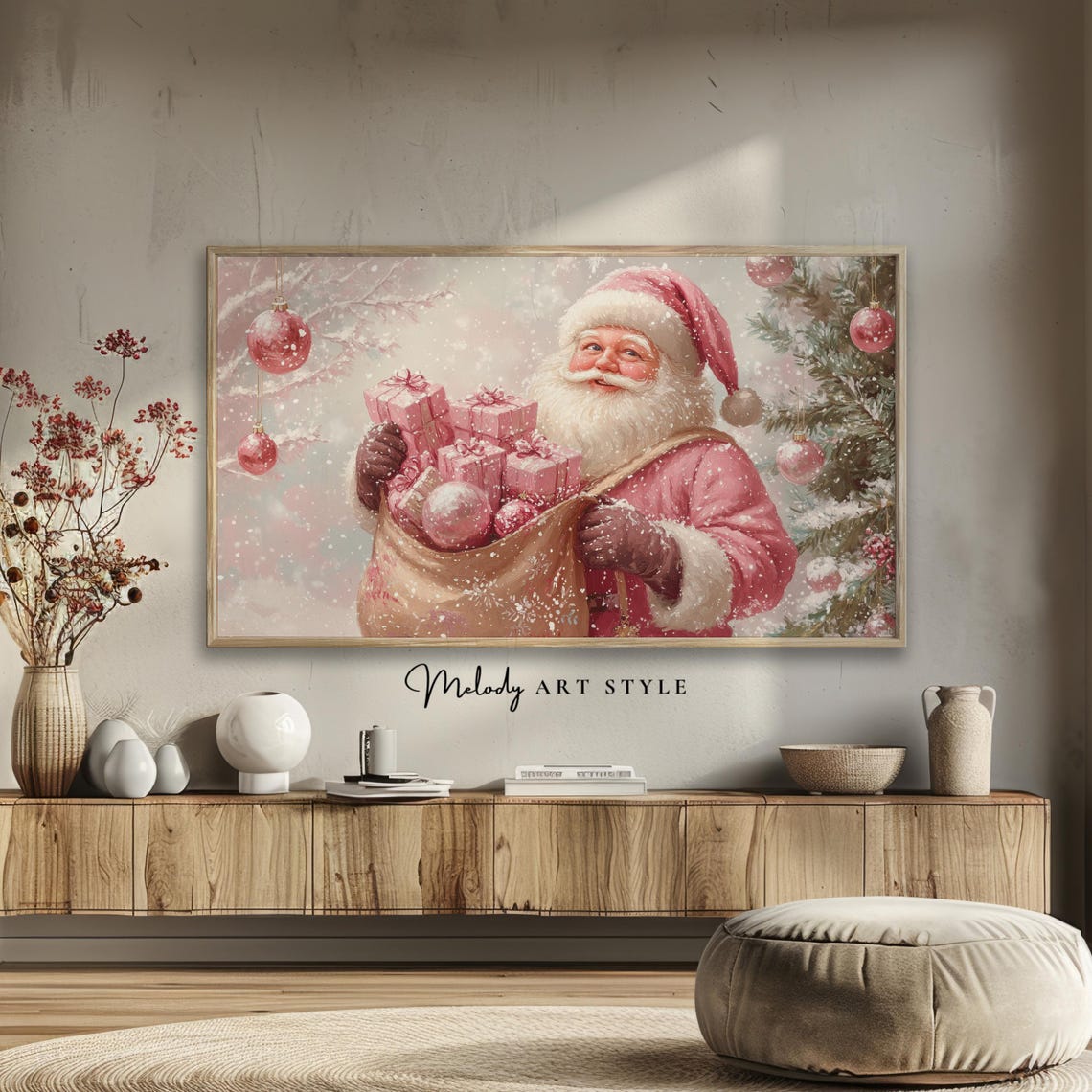 Pink Santa Claus Holding Gift Sack Snowy Christmas Tree Holiday Poster - Image 2