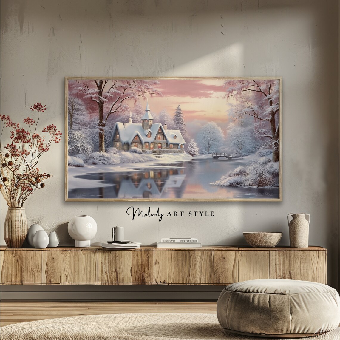 Pink Sunrise Snowy Cottage By The Lake Winter Wonderland Poster - Image 2