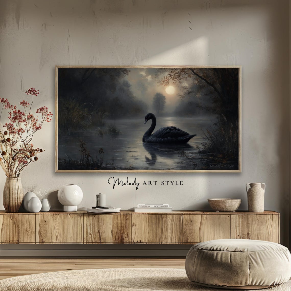 Black Swan On Misty Moonlit Lake Gothic Dark Lake Landscape Poster - Image 2
