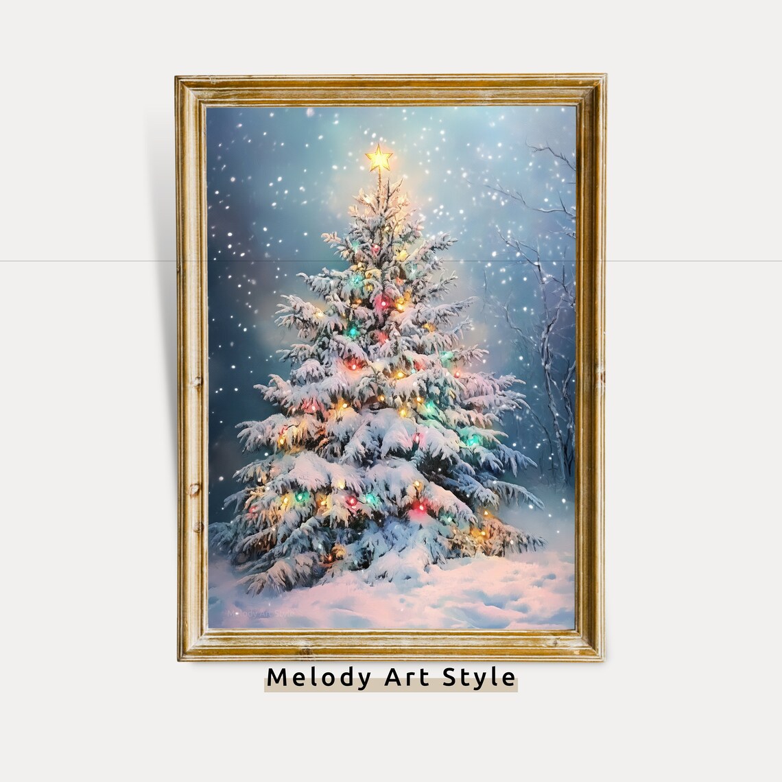 Glowing Christmas Tree in Snow, Holiday Art Print