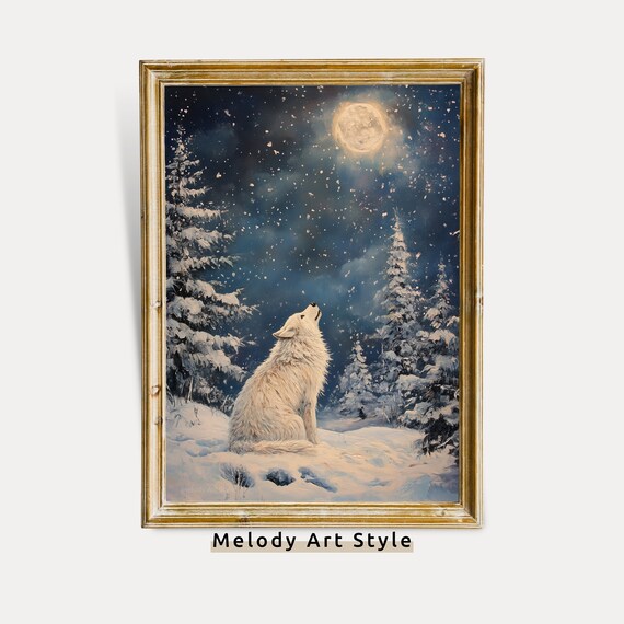 White Wolf Howling At Full Moon Snowy Night Forest Art Poster