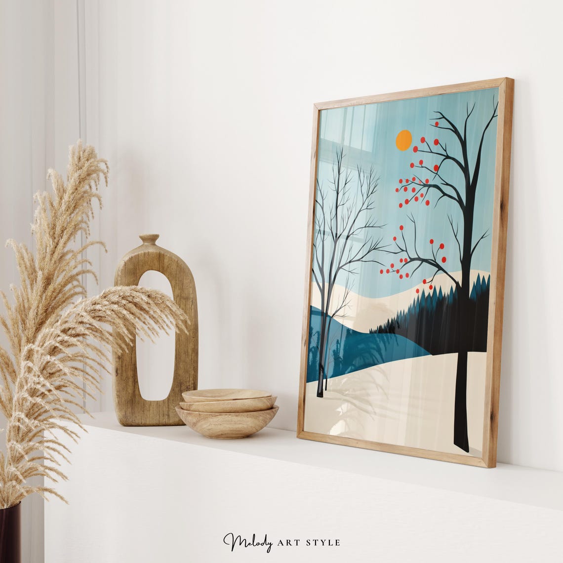 Scandinavian Winter Landscape Red Berries Minimalist Snow Poster - Image 2
