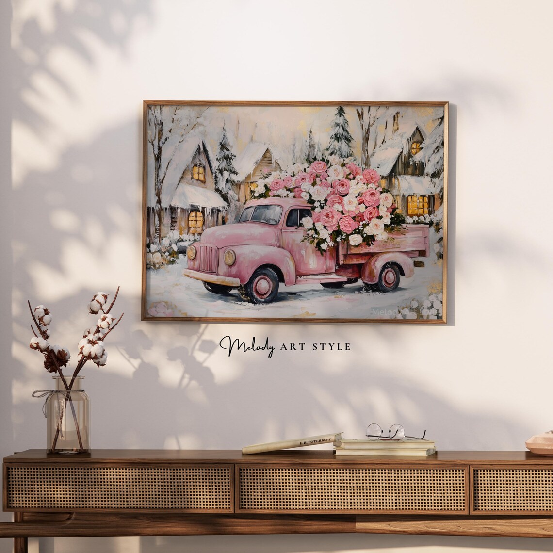 Pink Vintage Truck Loaded With Roses Snowy Christmas Village Poster - Image 2
