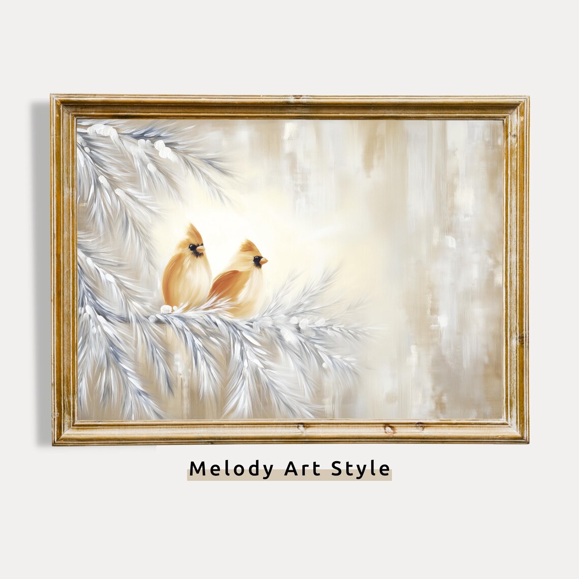Pair Of Cardinals On Frosted Pine Branch Cream Neutral Winter Bird Poster