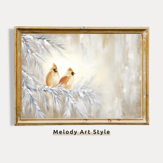 Pair Of Cardinals On Frosted Pine Branch Cream Neutral Winter Bird Poster