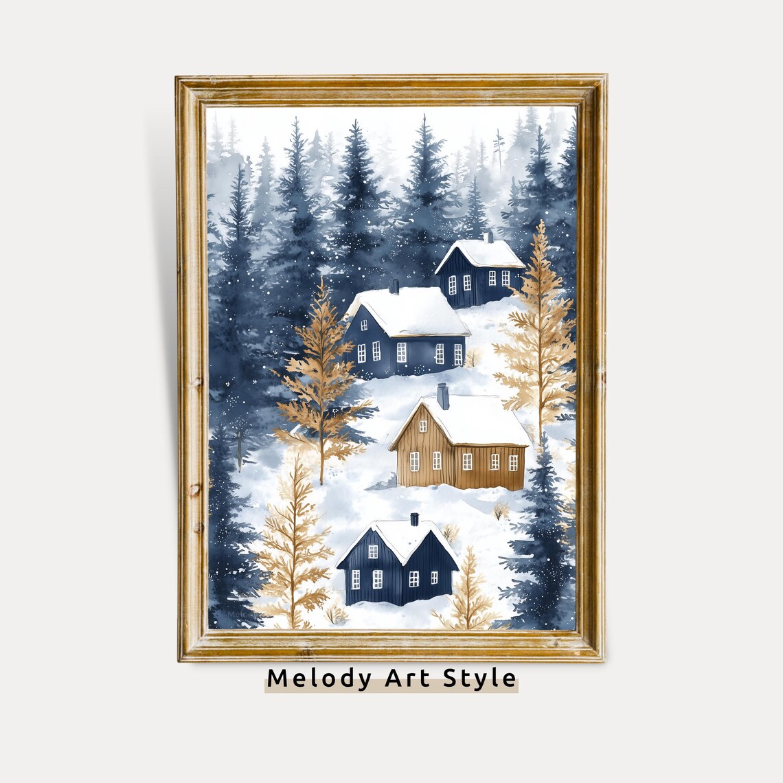 Blue And Gold Winter Cabins Snowy Pine Forest Christmas Poster