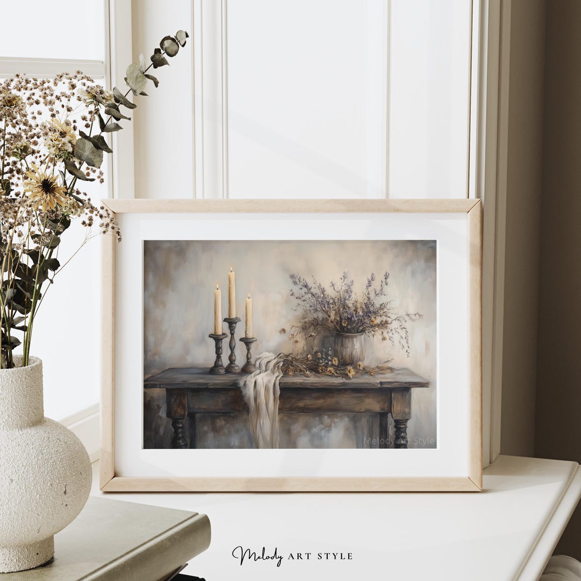 Moody Still Life Lit Candles Dried Flowers Rustic Table Poster - Image 2