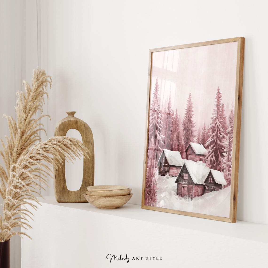 Pink Snowy Forest Log Cabins Winter Wonderland Holiday Wall Art Poster - Image 2
