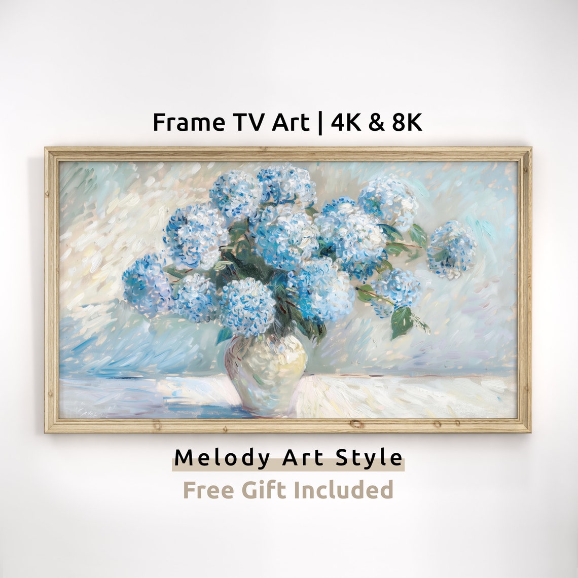 Blue Hydrangea Vase Impressionist Oil Painting Floral Wall Poster