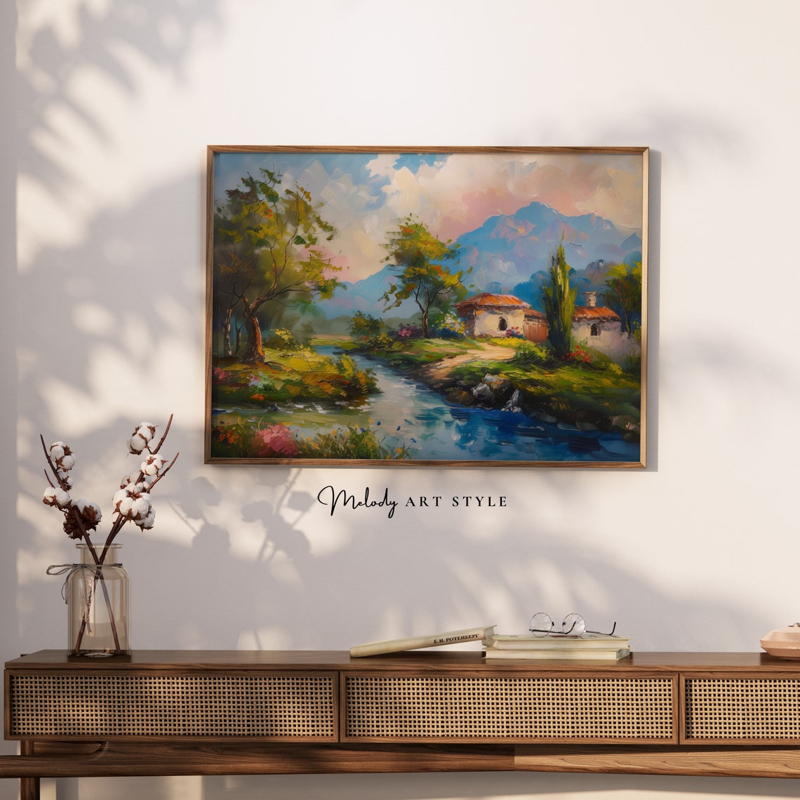 Rustic Cottage By Sparkling River Mountain Landscape Oil Poster - Image 2