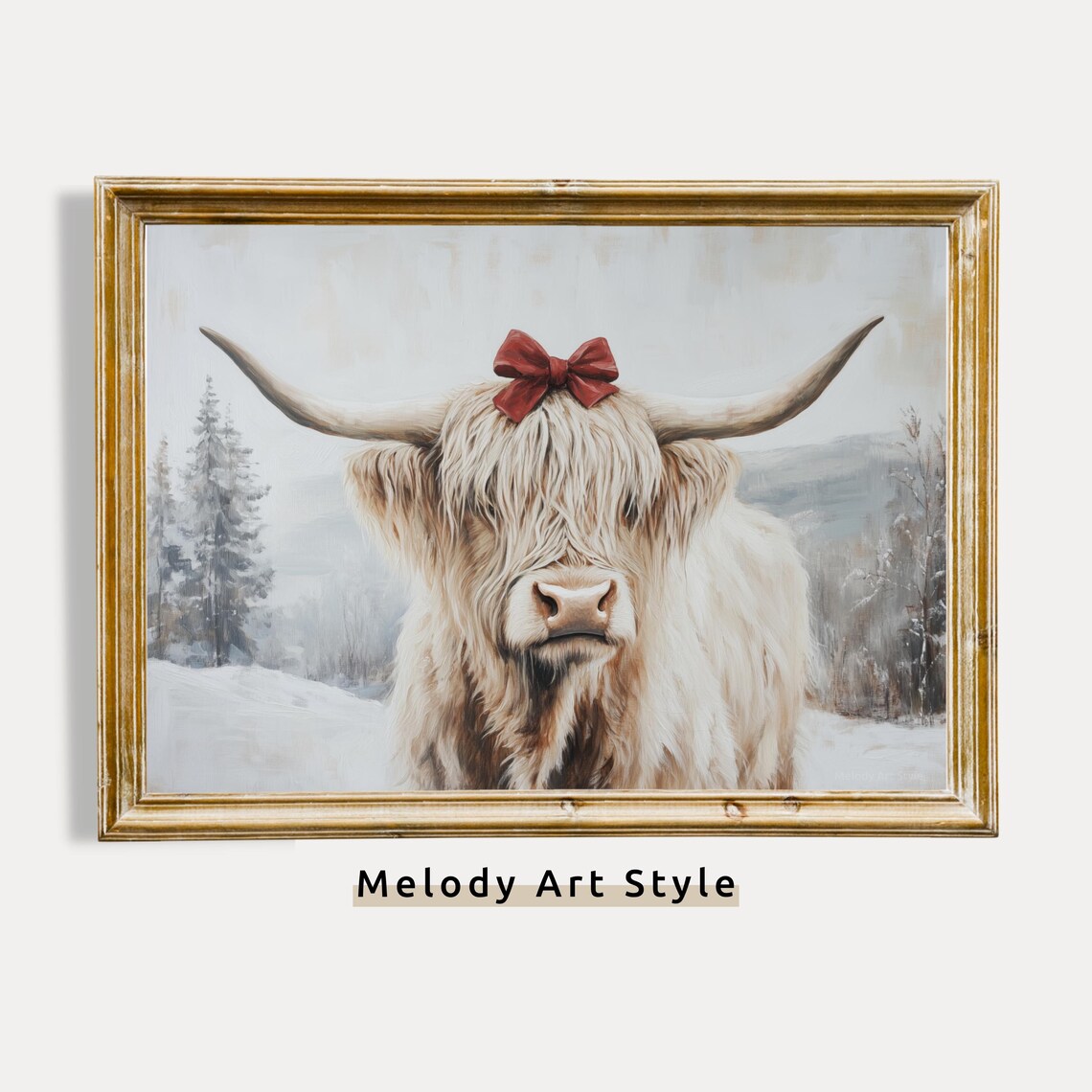 Highland Cow With Red Bow In Winter Snow Animal Portrait Poster