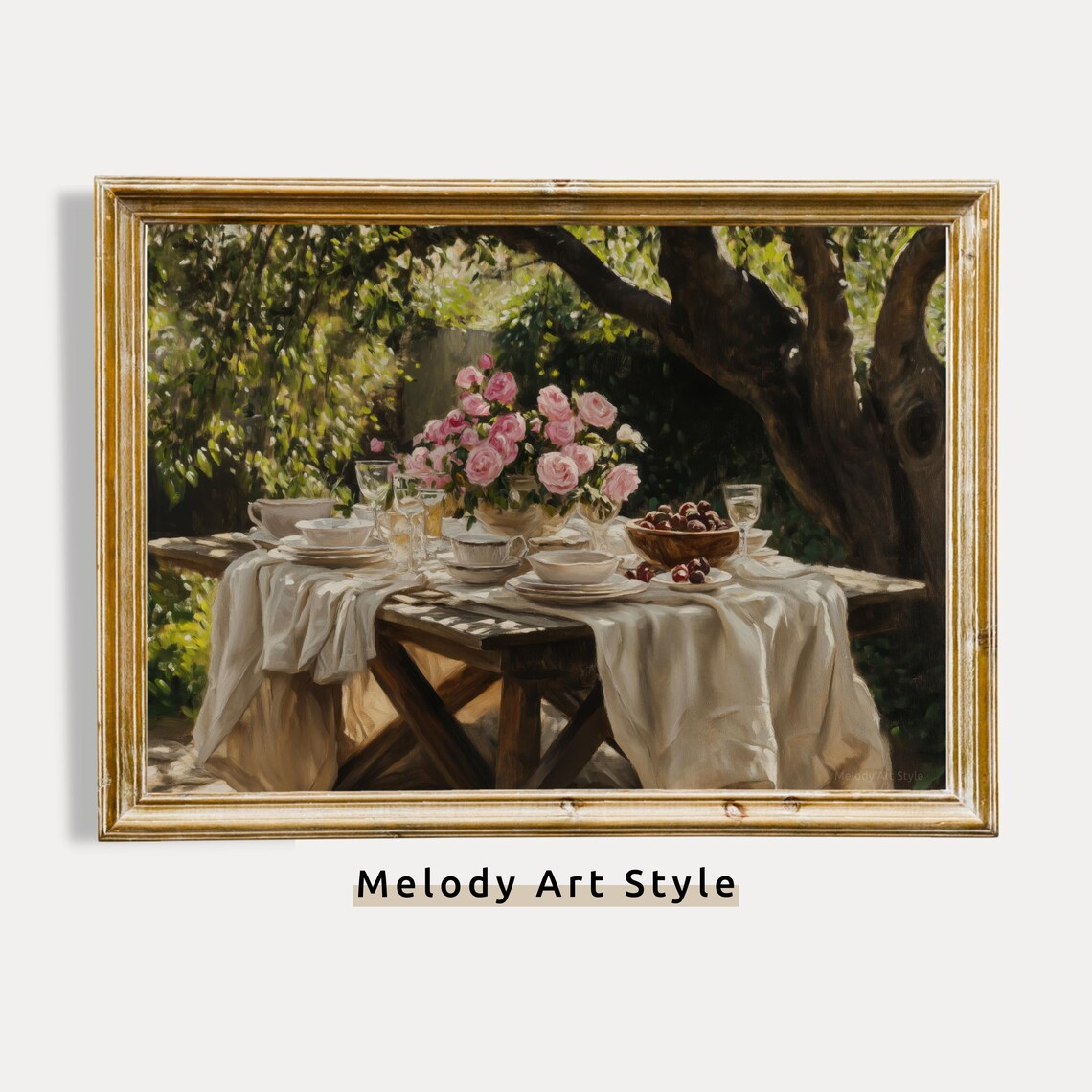 French Countryside Dining, Rustic Garden Table Art Print