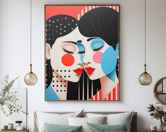 Abstract Lesbian Couple Love Pop Art Colorful Faces Wall Art