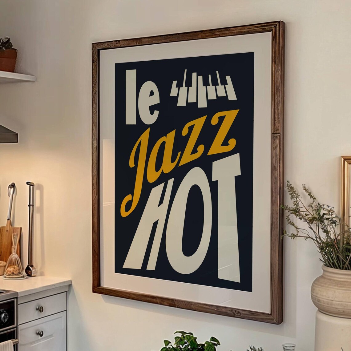 Le Jazz Hot Piano Keys Retro Navy Cream Mustard Music Poster