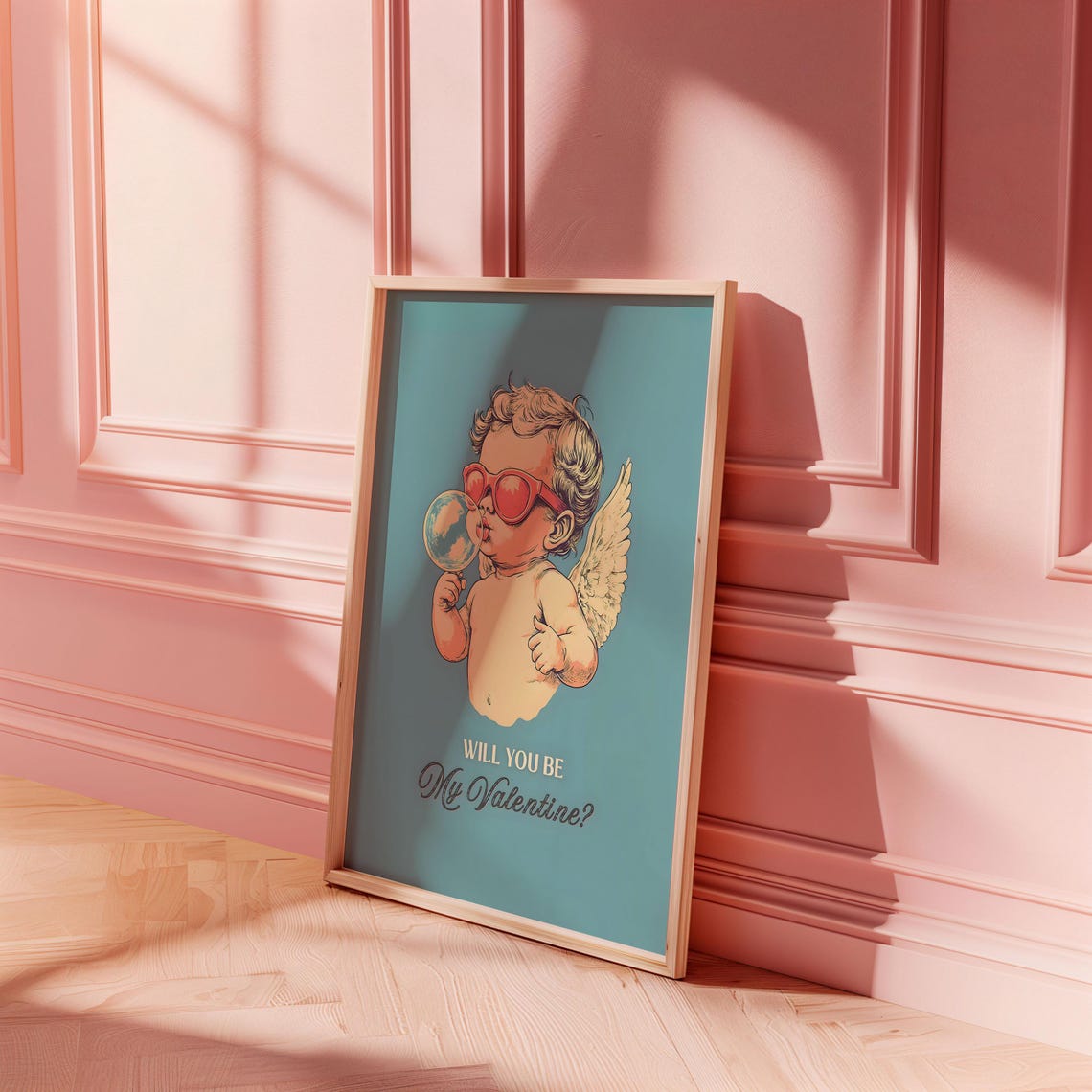 Retro Cupid Blowing Bubble Pink Sunglasses Will You Be Mine Poster - Image 5