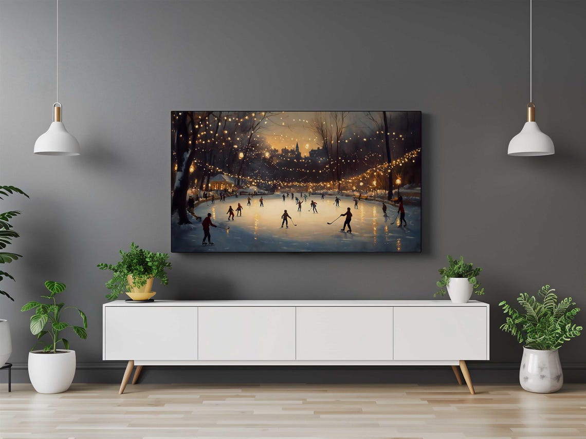 Ice Skaters On Rink Under Glowing String Lights At Night Winter Poster - Image 3
