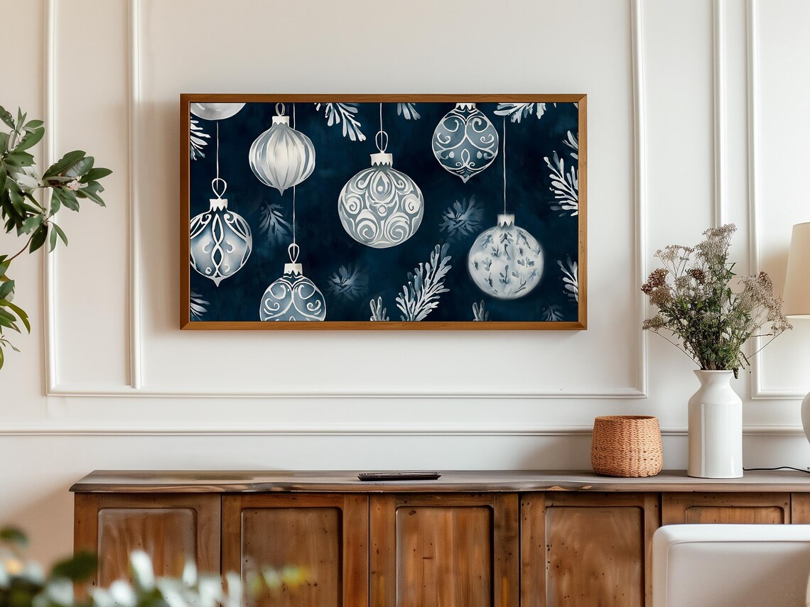 Blue White Christmas Ornaments Watercolor Moody Holiday Art Poster - Image 6