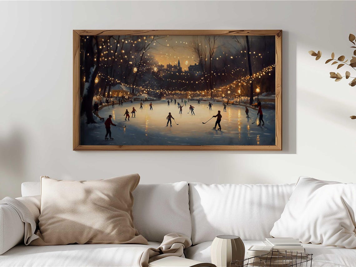 Ice Skaters On Rink Under Glowing String Lights At Night Winter Poster - Image 4