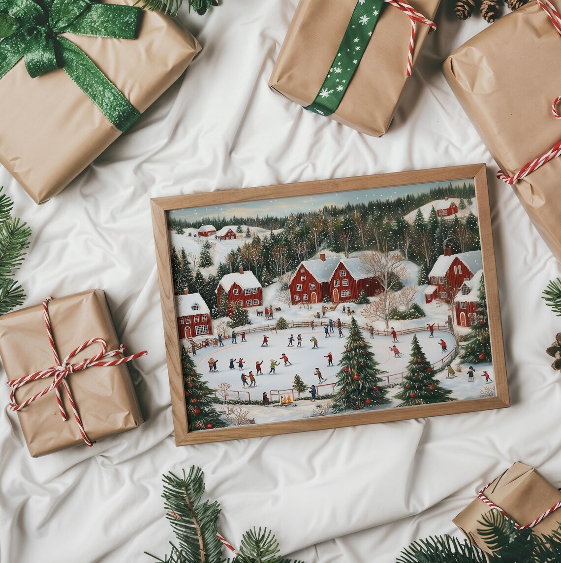 Ice Skaters On Frozen Pond By Red Houses And Christmas Trees Poster - Image 6