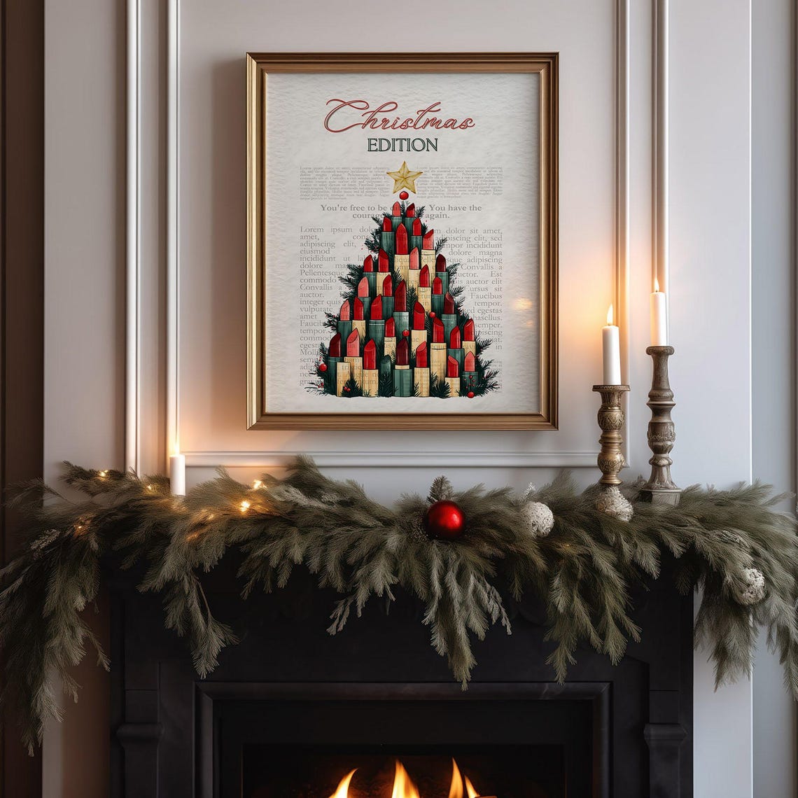 Christmas Edition Red Lipstick Tree Newspaper Style Girly Art Poster - Image 5