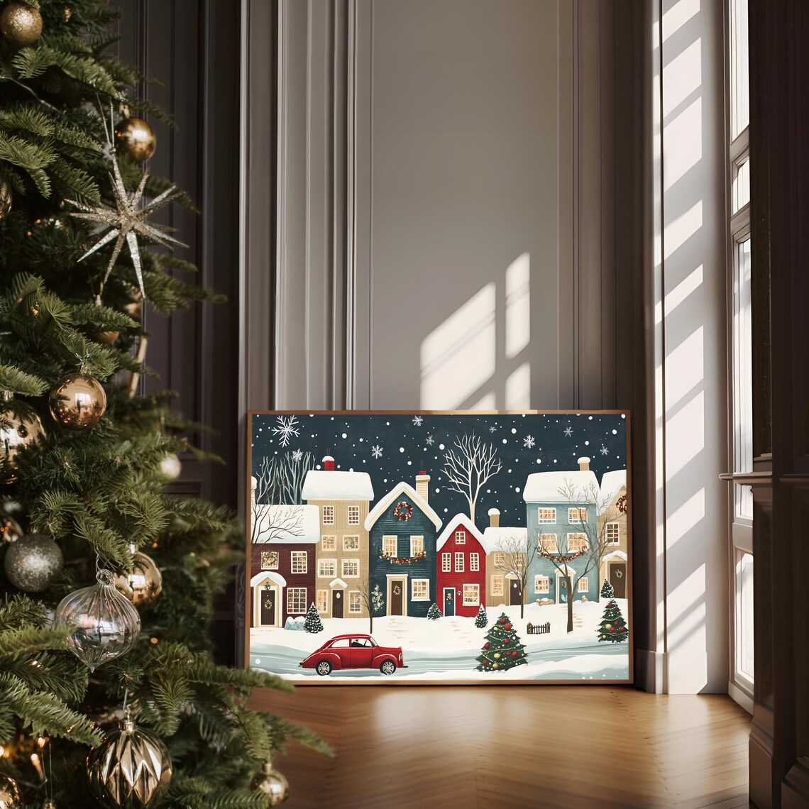 Christmas Town Night Snowy Village Red Car Glowing Holiday Poster - Image 5