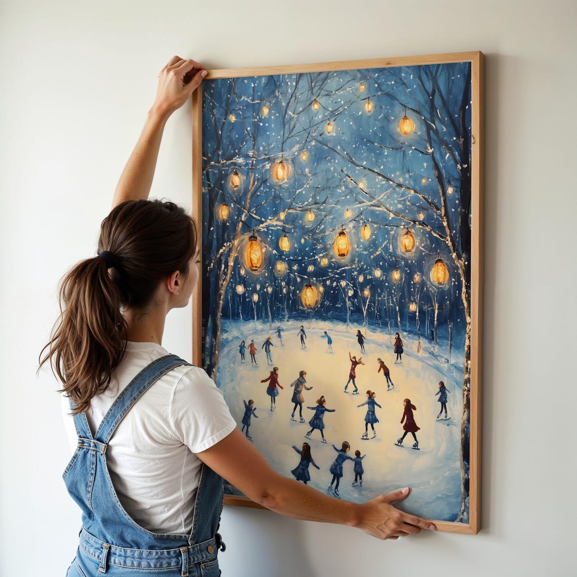 Night Ice Skating Under Glowing Lanterns Snowy Forest Art Poster - Image 4