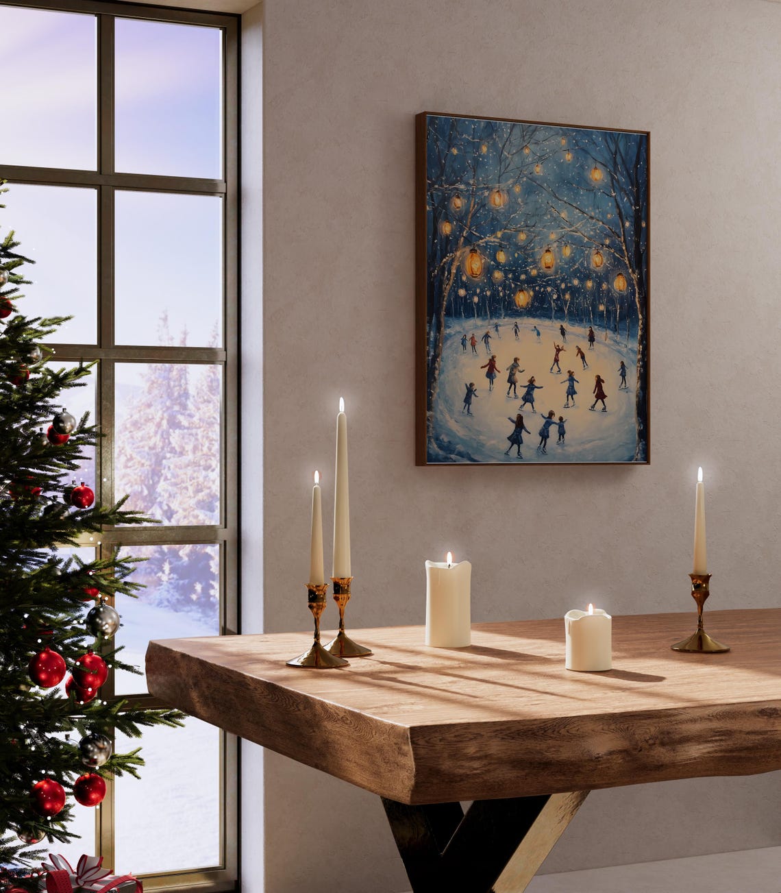 Night Ice Skating Under Glowing Lanterns Snowy Forest Art Poster - Image 2