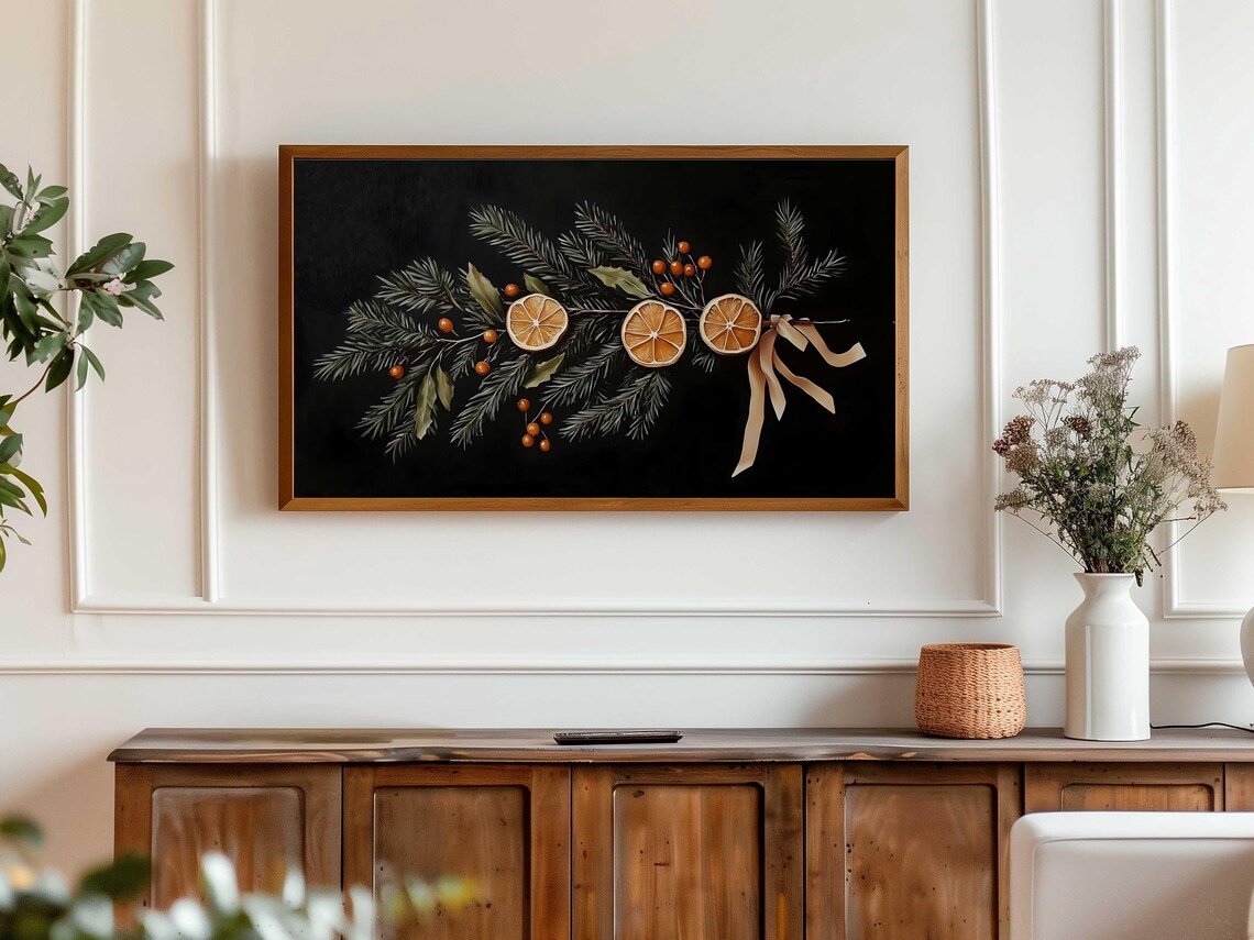 Moody Christmas Garland Pine Dried Orange Berries Black Art Poster - Image 6