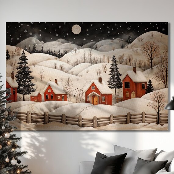 Snowy Winter Village Red Houses Moonlit Night Folk Art Poster