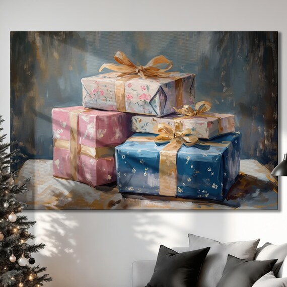 Elegant Christmas Gifts Stack Still Life Holiday Painting Poster