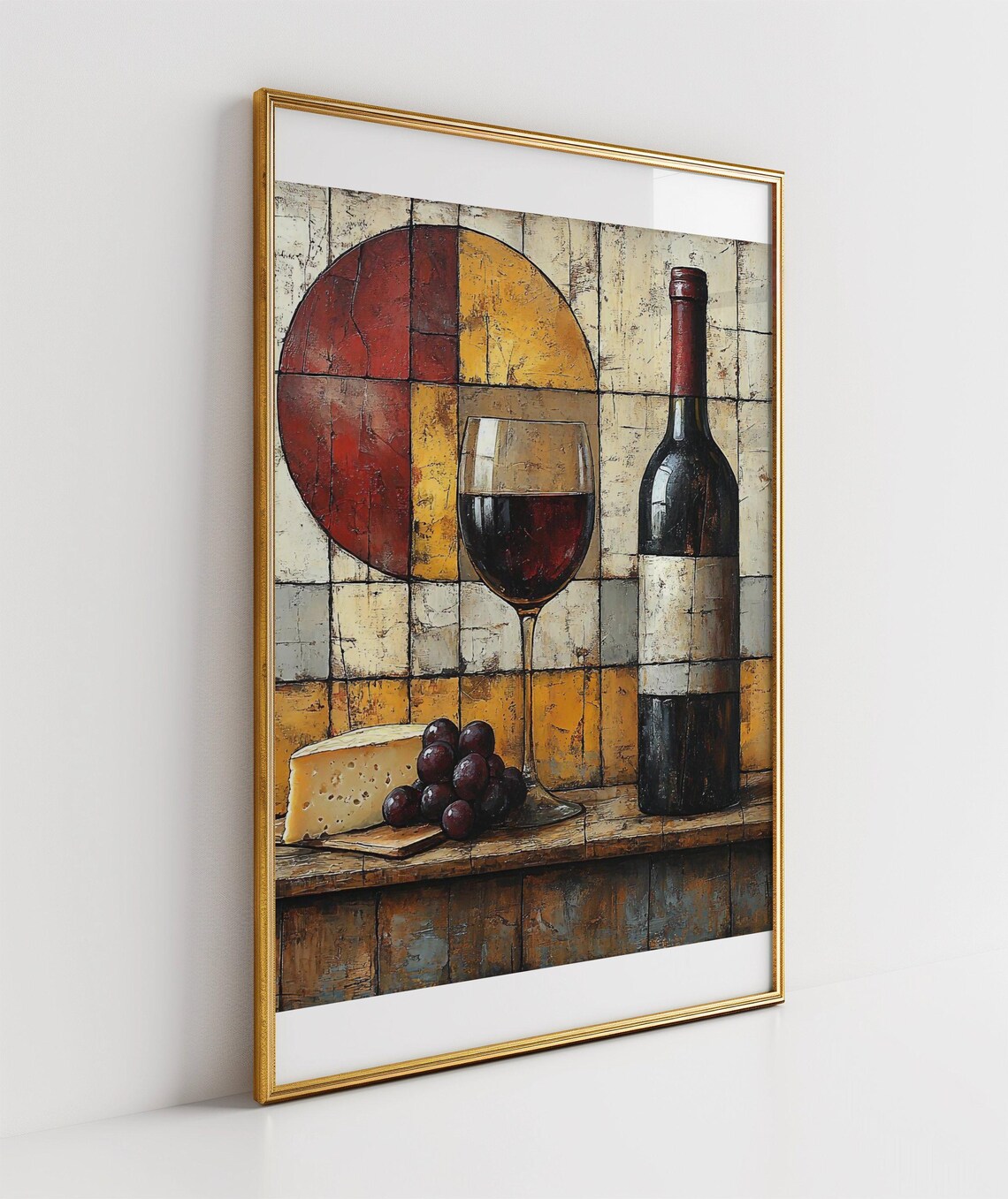Wine Bottle and Glass Geometric Abstract Mosaic Tile Art Poster - Image 3