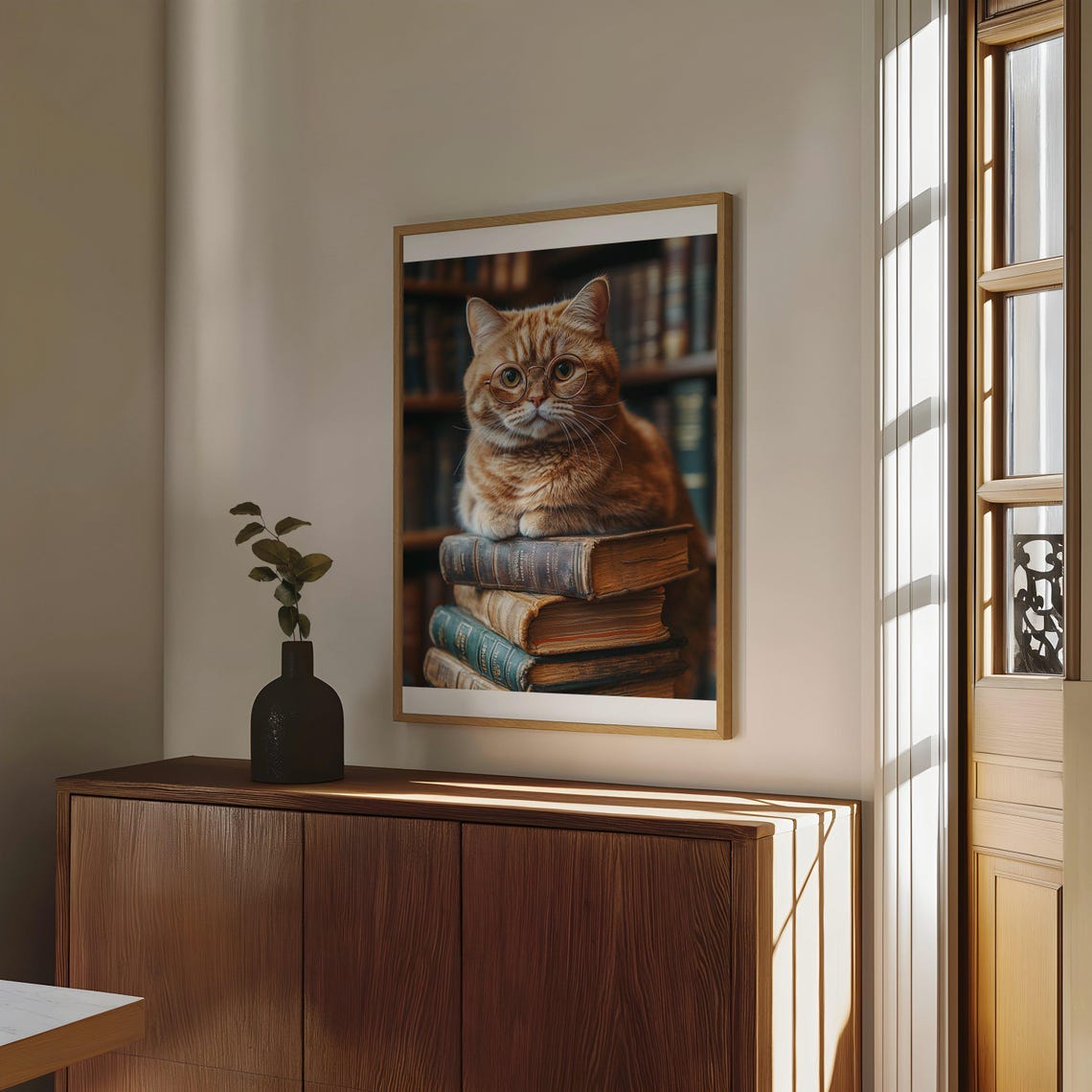 Scholarly Ginger Cat With Round Glasses Resting on Old Books Poster - Image 4