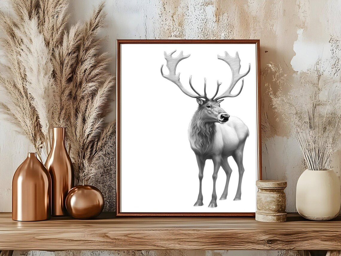 Stag Deer With Large Antlers Black and White Wildlife Art Poster - Image 5