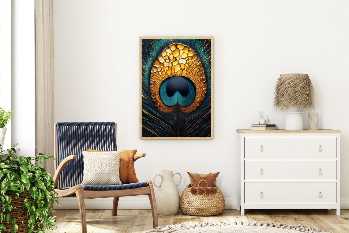 Peacock Feather Macro Poster With Golden and Teal Shimmering Detail - Image 3