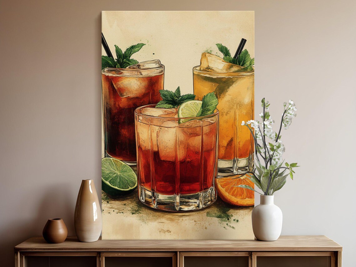 Watercolor Cocktail Poster With Three Glasses Mint Lime and Orange - Image 5