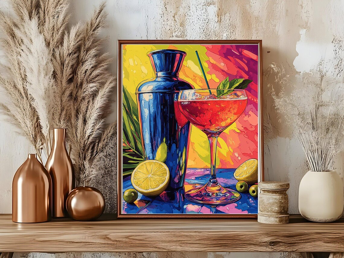 Pop Art Cocktail Shaker and Red Coupe Vintage Home Bar Poster - Image 5