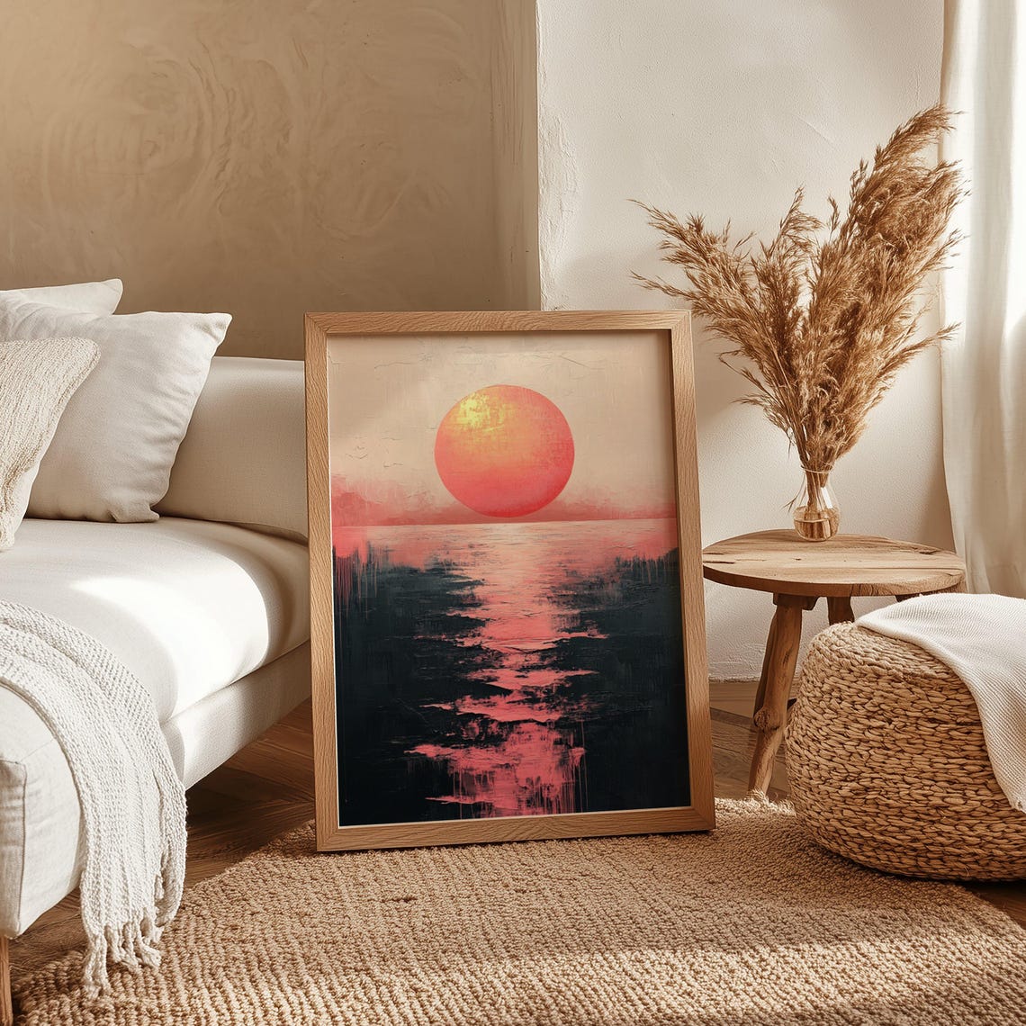 Minimalist Red Sun Sinking Into Dark Water With Pink Glow Poster - Image 4