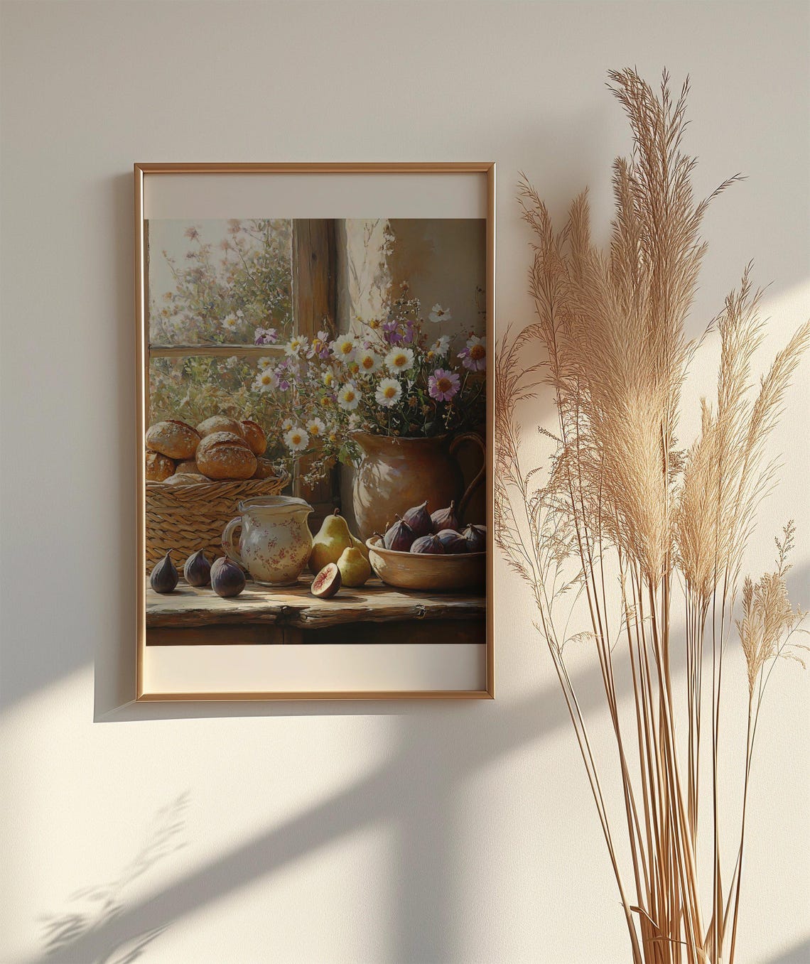 Rustic Harvest Still Life with Bread Figs and Daisies Art Poster - Image 2