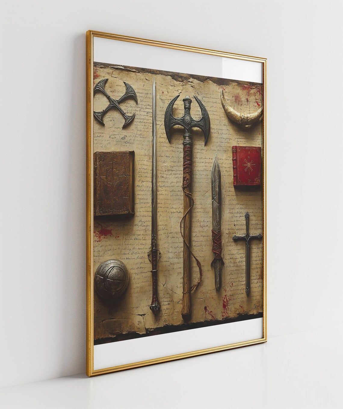 Antique Medieval Battle Axes and Swords on Parchment Art Poster - Image 3