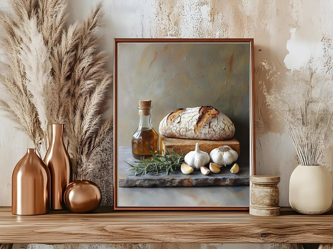 Rustic Sourdough Bread With Olive Oil And Garlic Still Life Print - Image 5