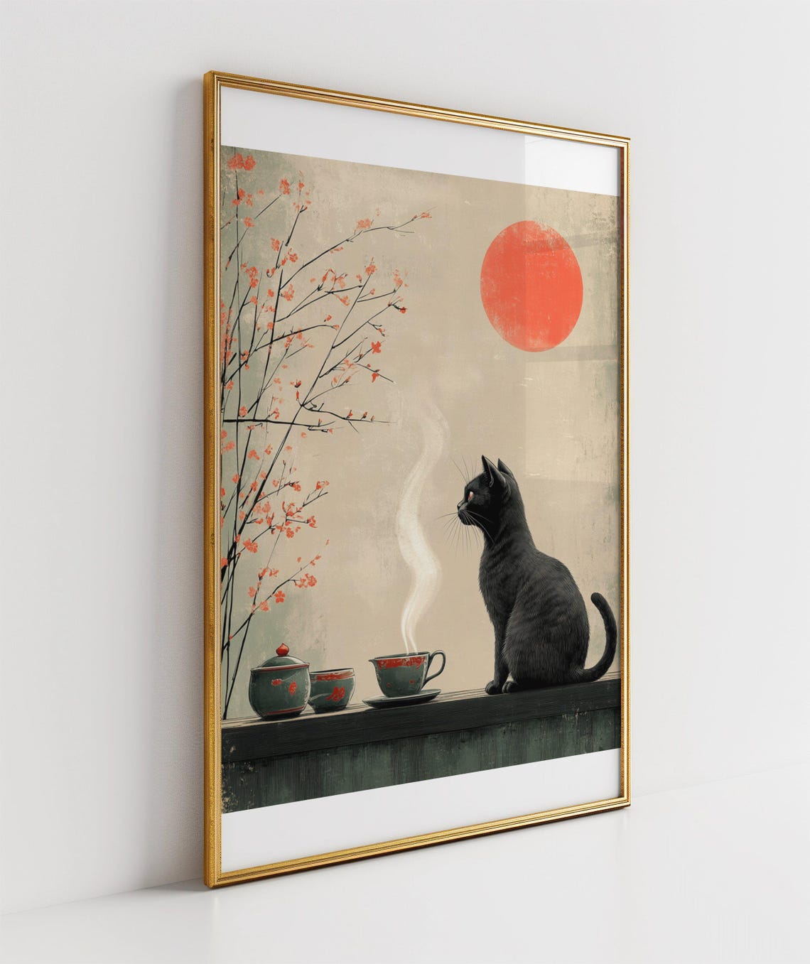 Black Cat With Tea Poster In Japanese Style With Red Sun Blossoms - Image 3