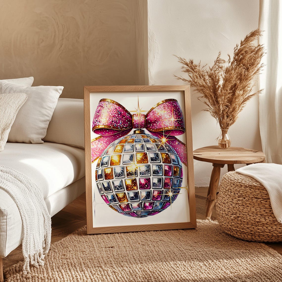 Sparkling Disco Ball Ornament With a Pink Glitter Bow Poster - Image 4