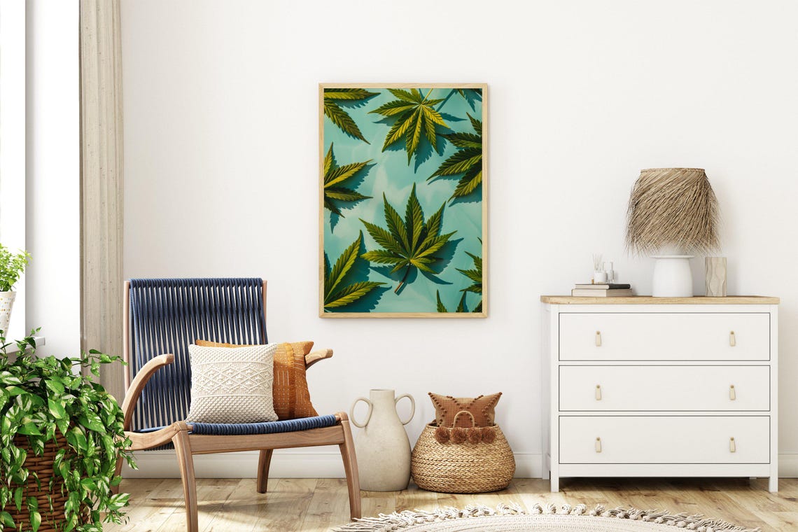 Cannabis Leaves Repeating Pattern On Teal Modern Botanical Art Poster - Image 3