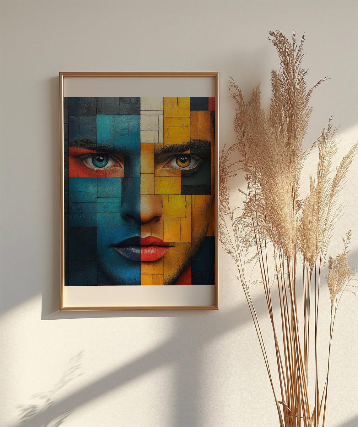 Cubist Face Poster Blue Gold Mosaic Modern Abstract Portrait Art - Image 2