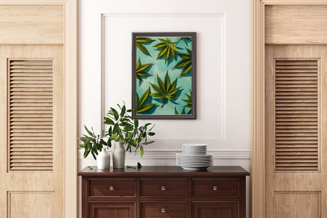 Cannabis Leaves Repeating Pattern On Teal Modern Botanical Art Poster - Image 2