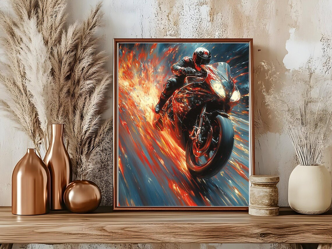 Fiery Racing Motorbike Poster High Speed Sports Bike Action Art - Image 5