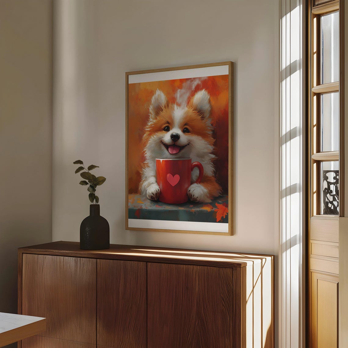 Smiling Fluffy Pomeranian Puppy with Red Heart Mug Art Poster - Image 4