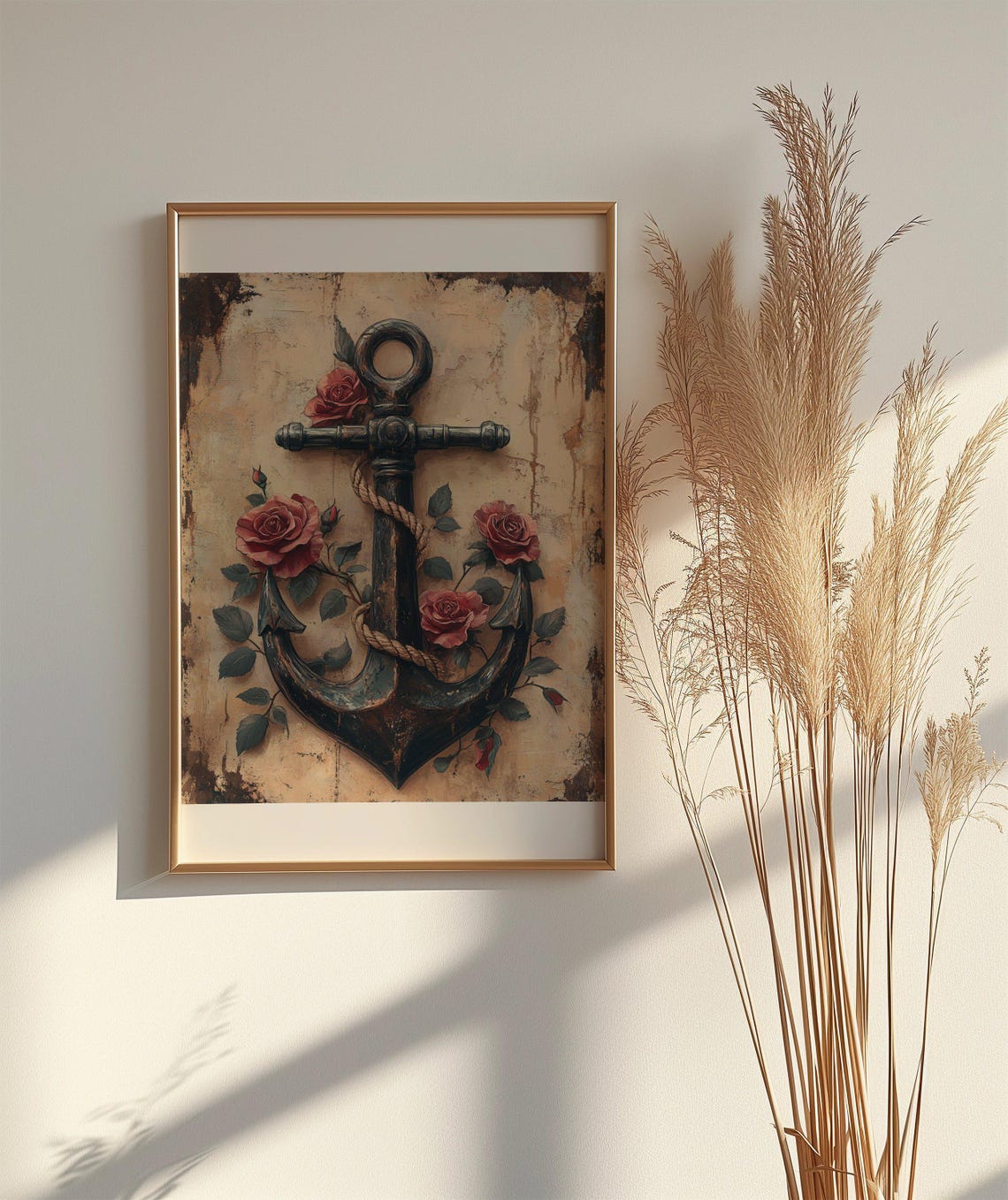 Vintage Anchor and Roses Poster With Rustic Nautical Charm and Rope - Image 2