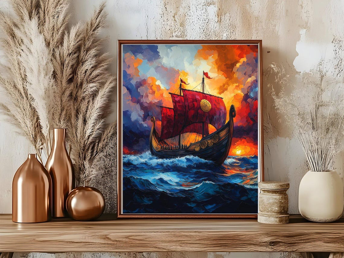 Viking Ship Wall Art Print Vibrant Sunset Scene Nautical Home Dcor Ocean Landscape Painting Historic Maritime Artwork - Image 5