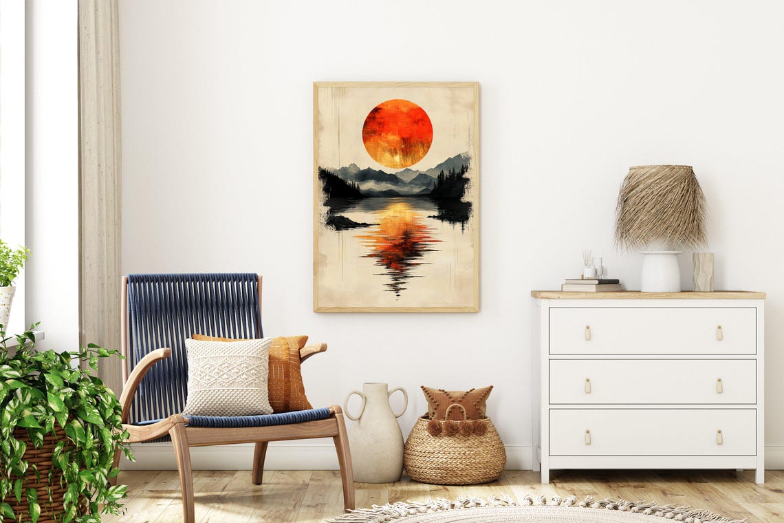 Crimson Sun Rising Over a Misty Mountain Lake With Reflection Poster - Image 3